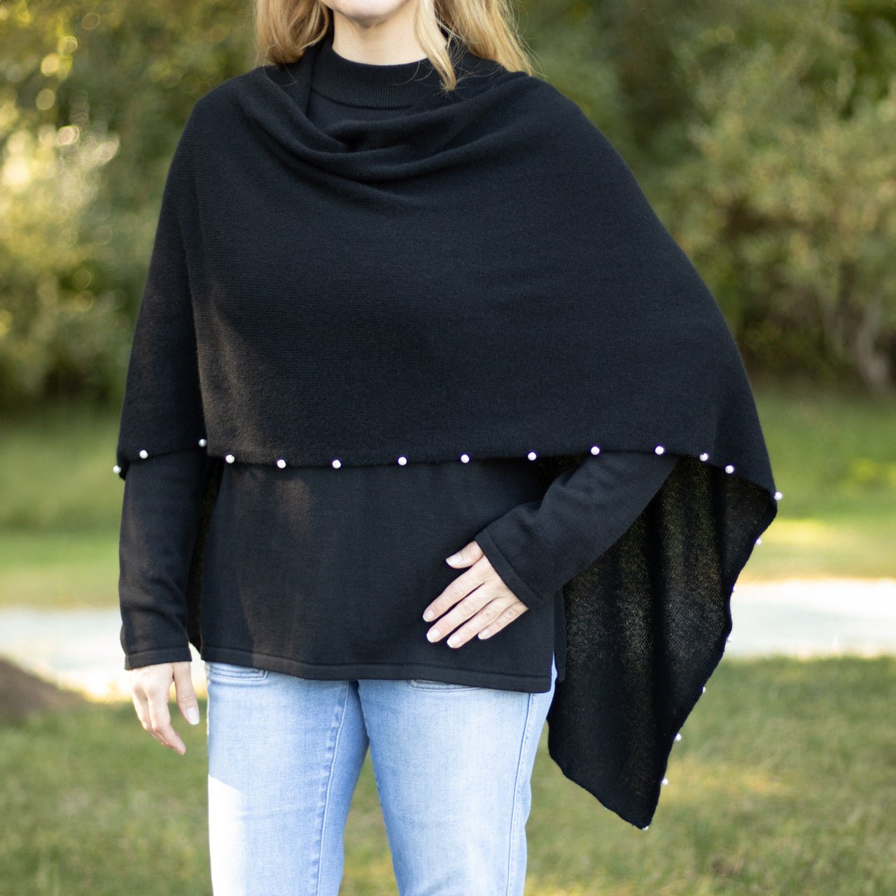 Black Cashmere Topper with Pearl Accents - Shop-orias