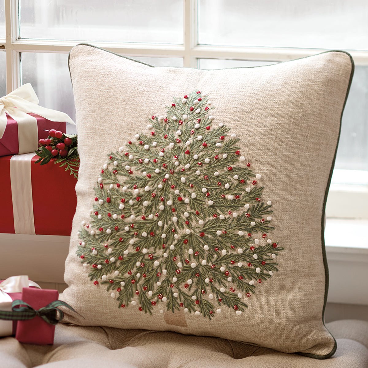 Embroidered Tree Pillow with Ornaments - Shop-orias