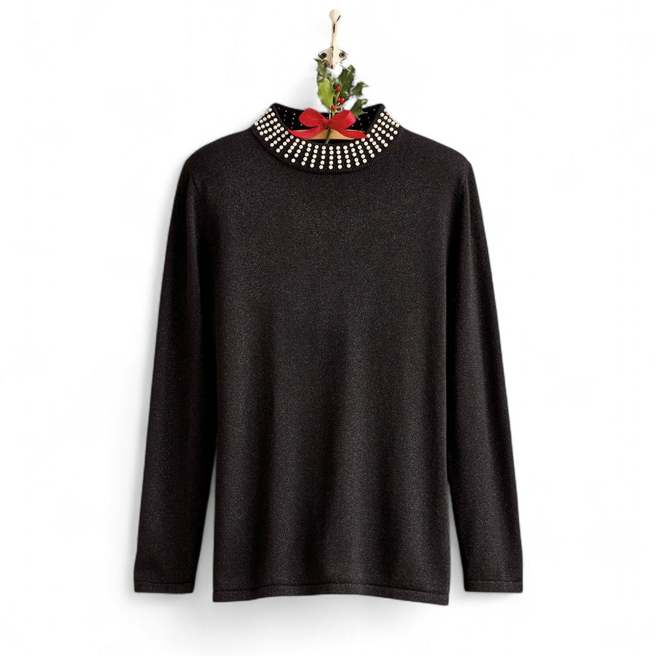 Mock Neck Sweater with Pearls - Shop-orias