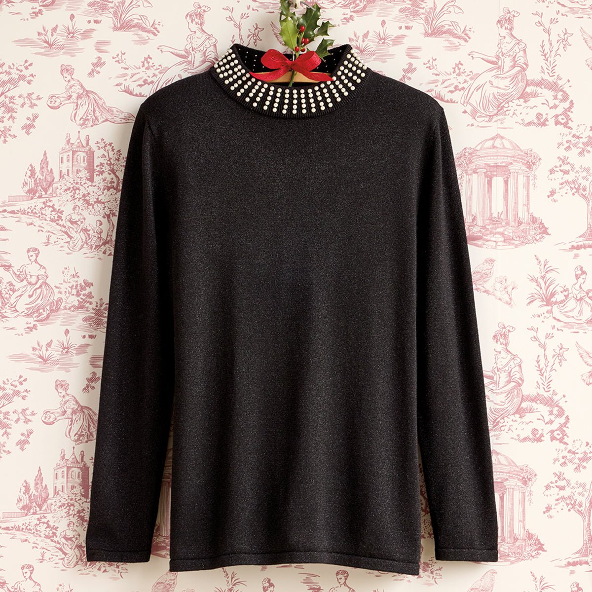 Mock Neck Sweater with Pearls - Shop-orias