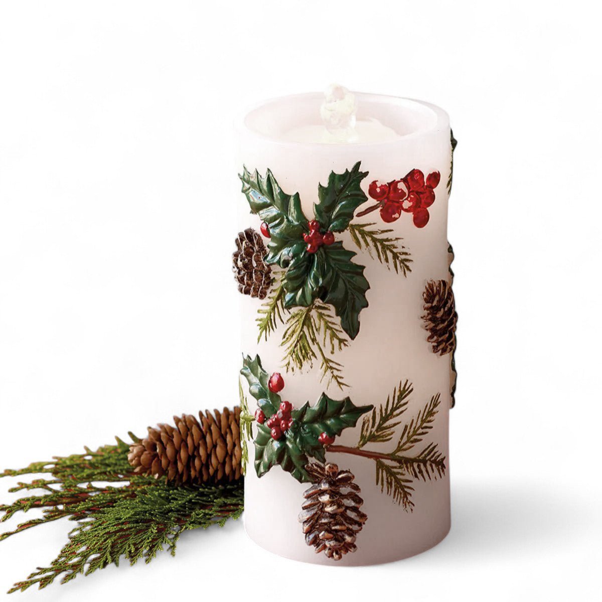 Pinecone & Holly Leaf Fountain Candle - Shop-orias