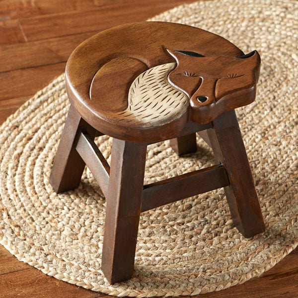 Carved Wood Fox Stool - Shop-orias