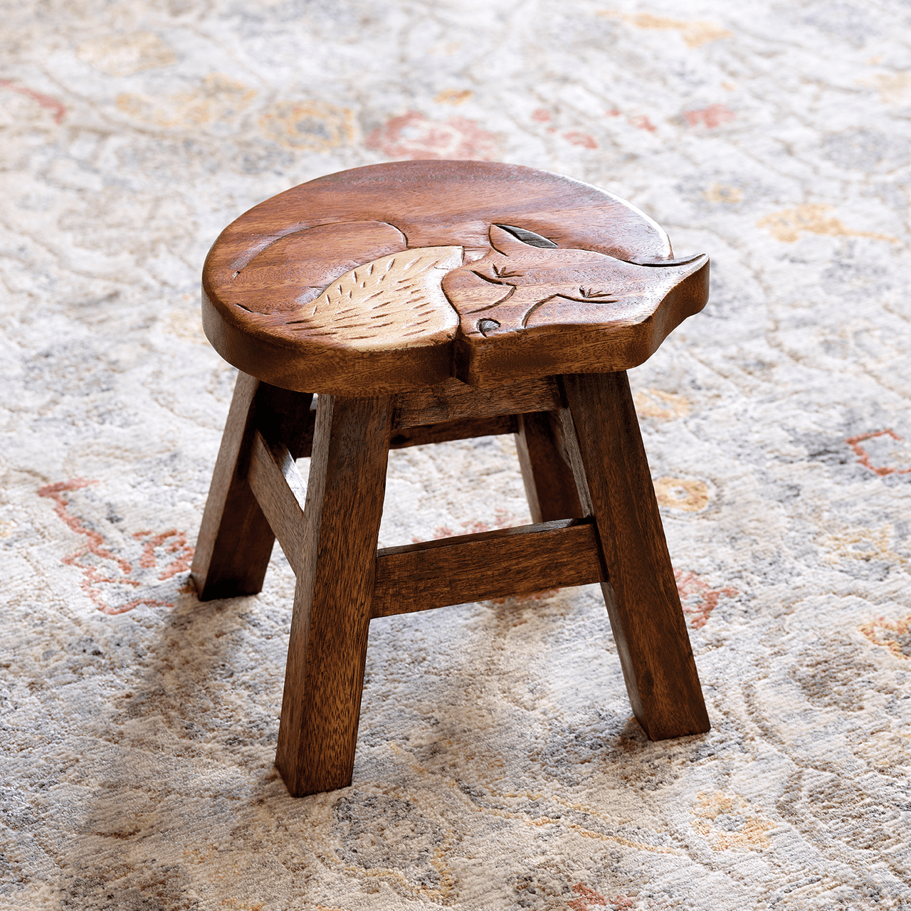 Carved Wood Fox Stool - Shop-orias